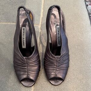 Manolo Blahnik Shimmering Gray Ruched Heels